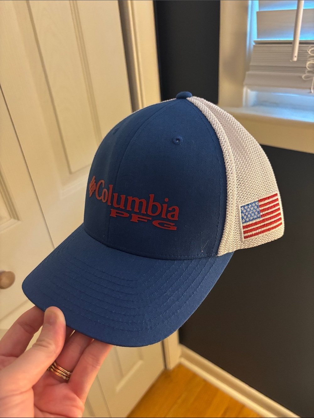 Columbia Blue & White PFG Mesh Trucker Hat with American Flag Patch